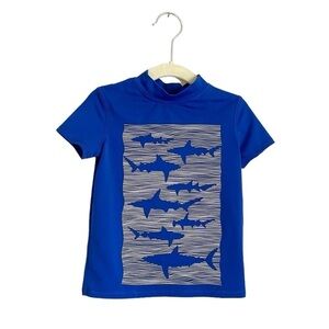Lands’ End Toddler Shark Print Short Sleeve Rashguard 2T Royal Blue White